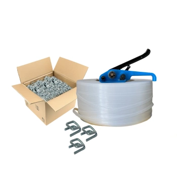 Zestaw do spinania palet: taśma 12 mm x 0,60 mm 2500 mb + 1000 zapinek drucianych 13 mm + napinacz